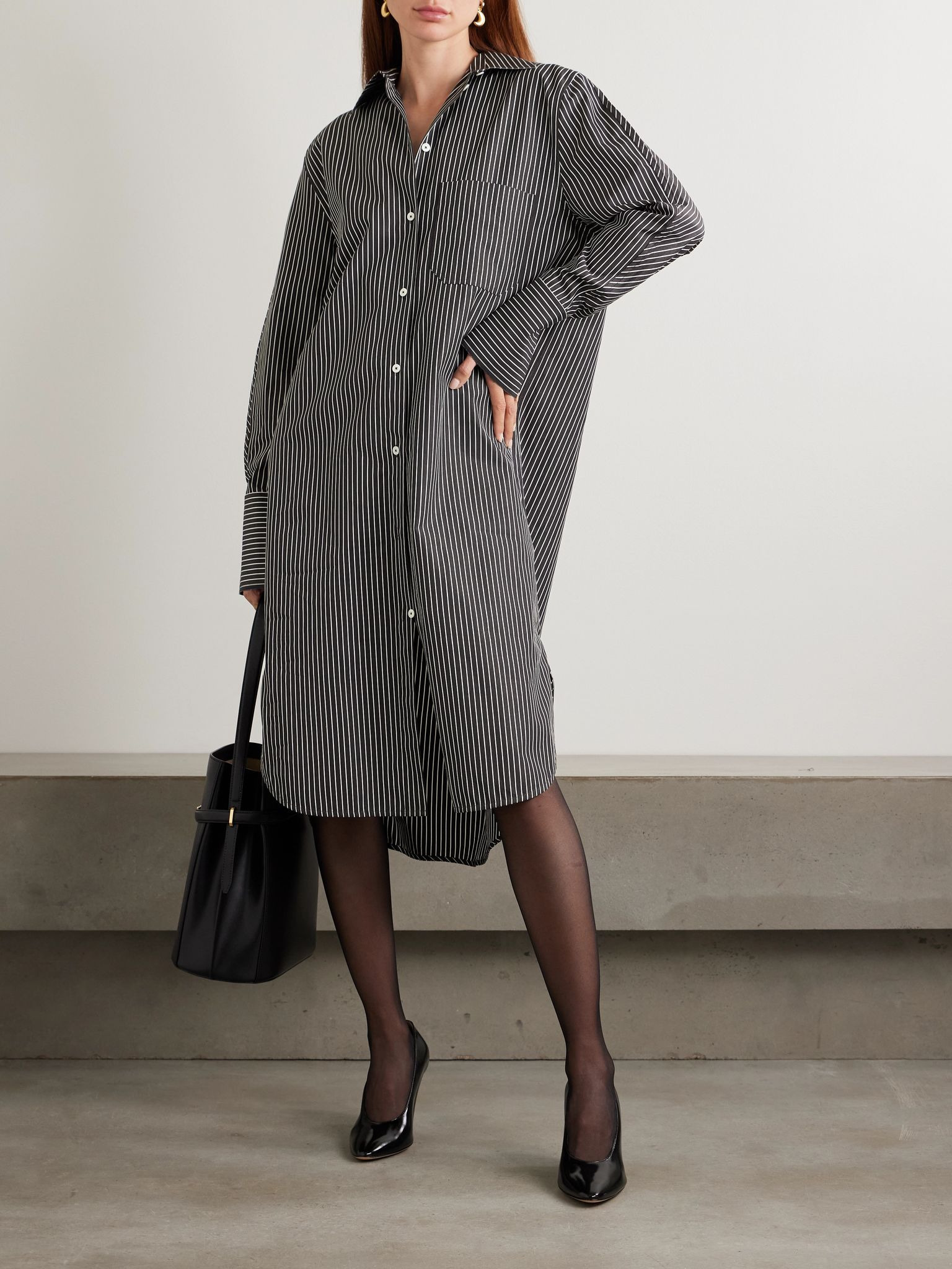 Striped organic cotton-poplin midi shirt dress Black - 2