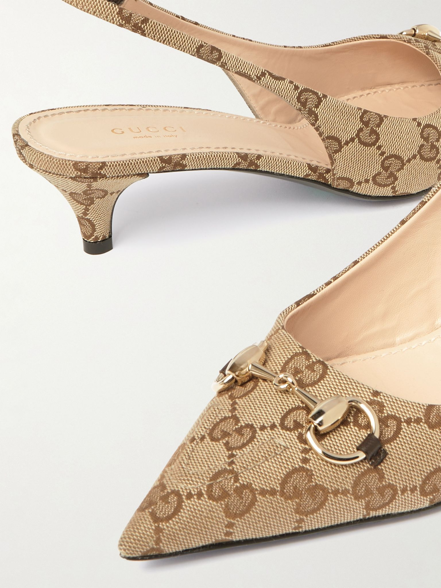 Erin horsebit-embellished canvas-jacquard slingback pumps Beige - 4