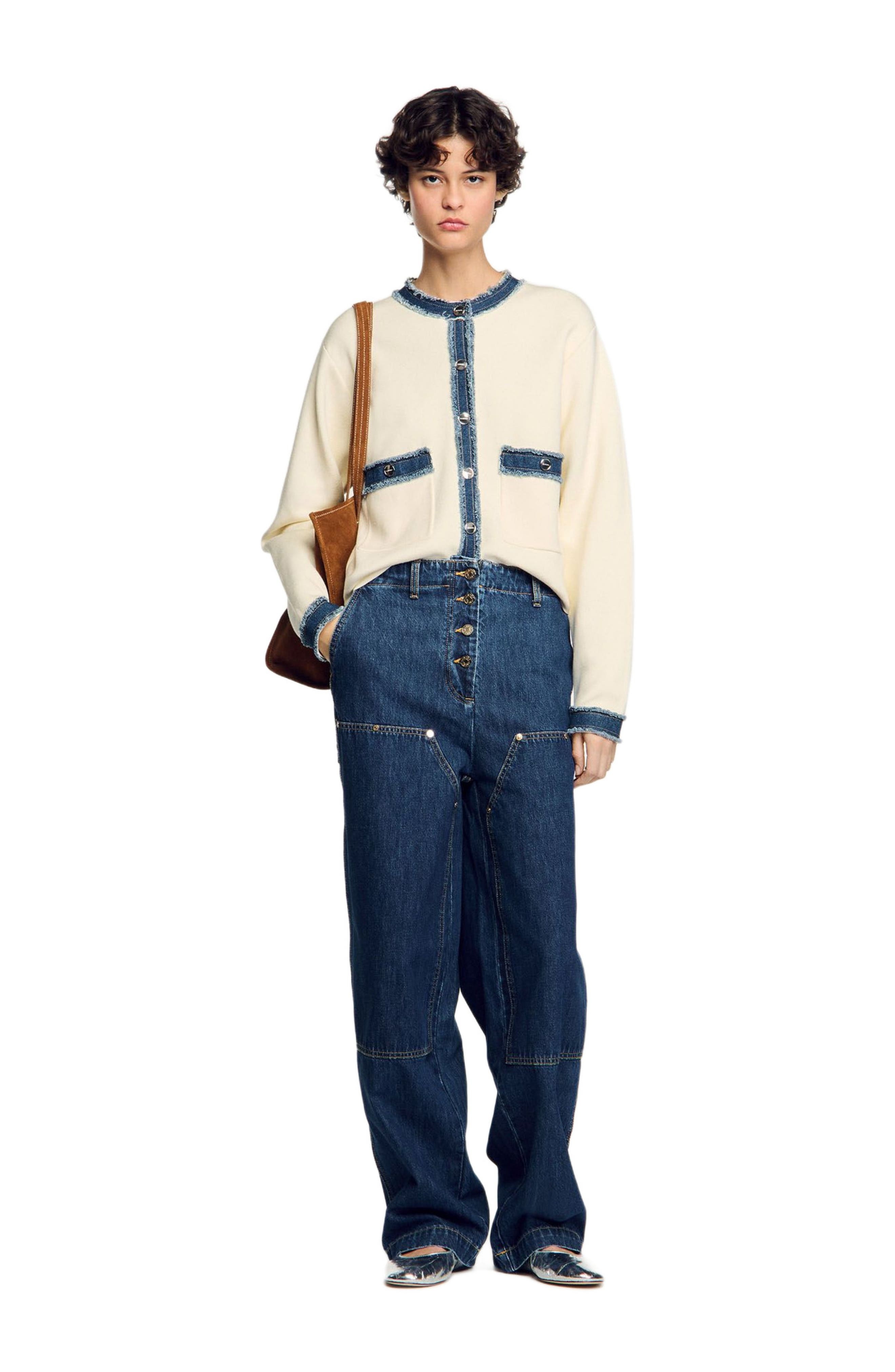 SANDRO Cardigan with denim details in Ecru at Nordstrom - 6