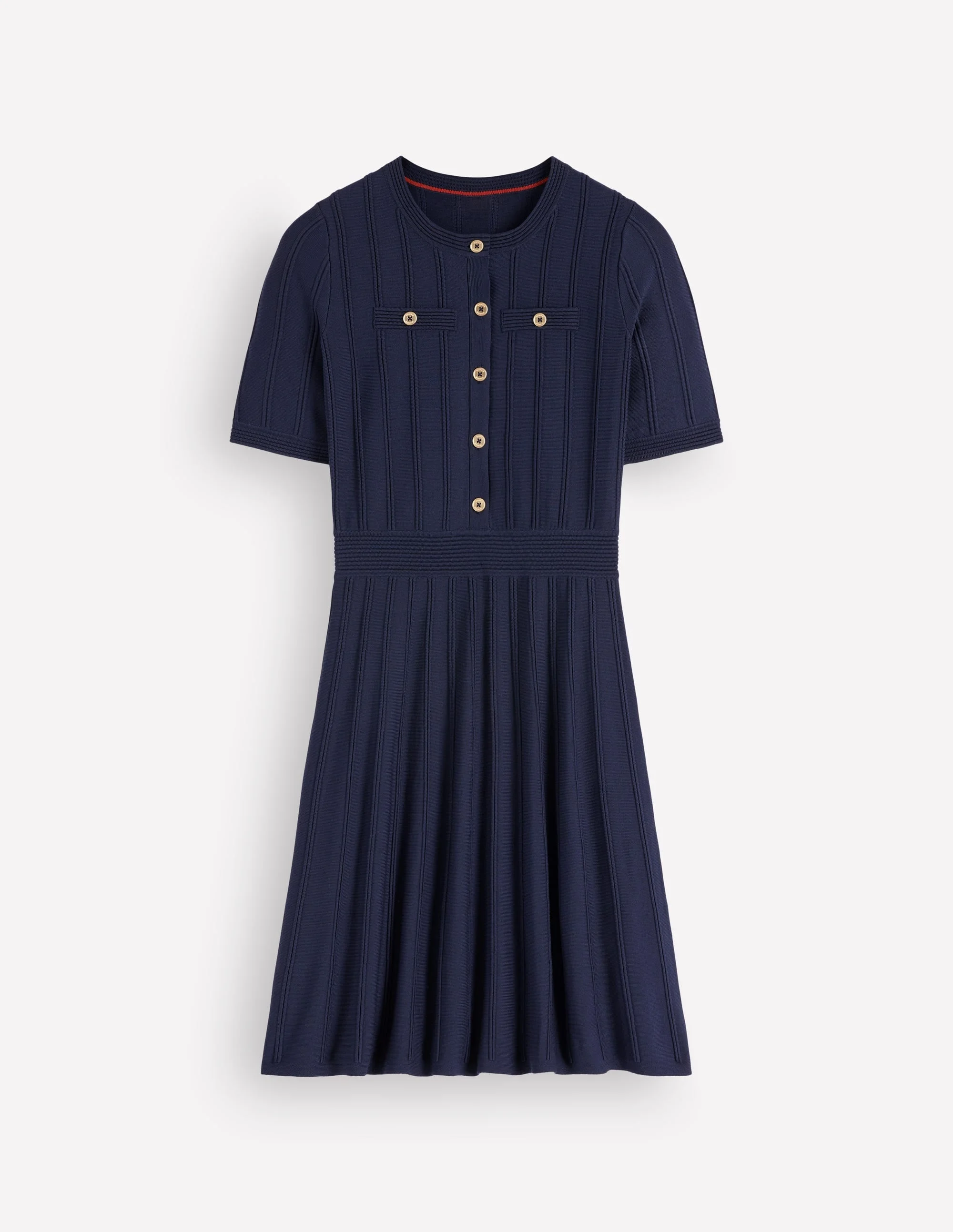 Button Front Stitch Dress-Navy - 1