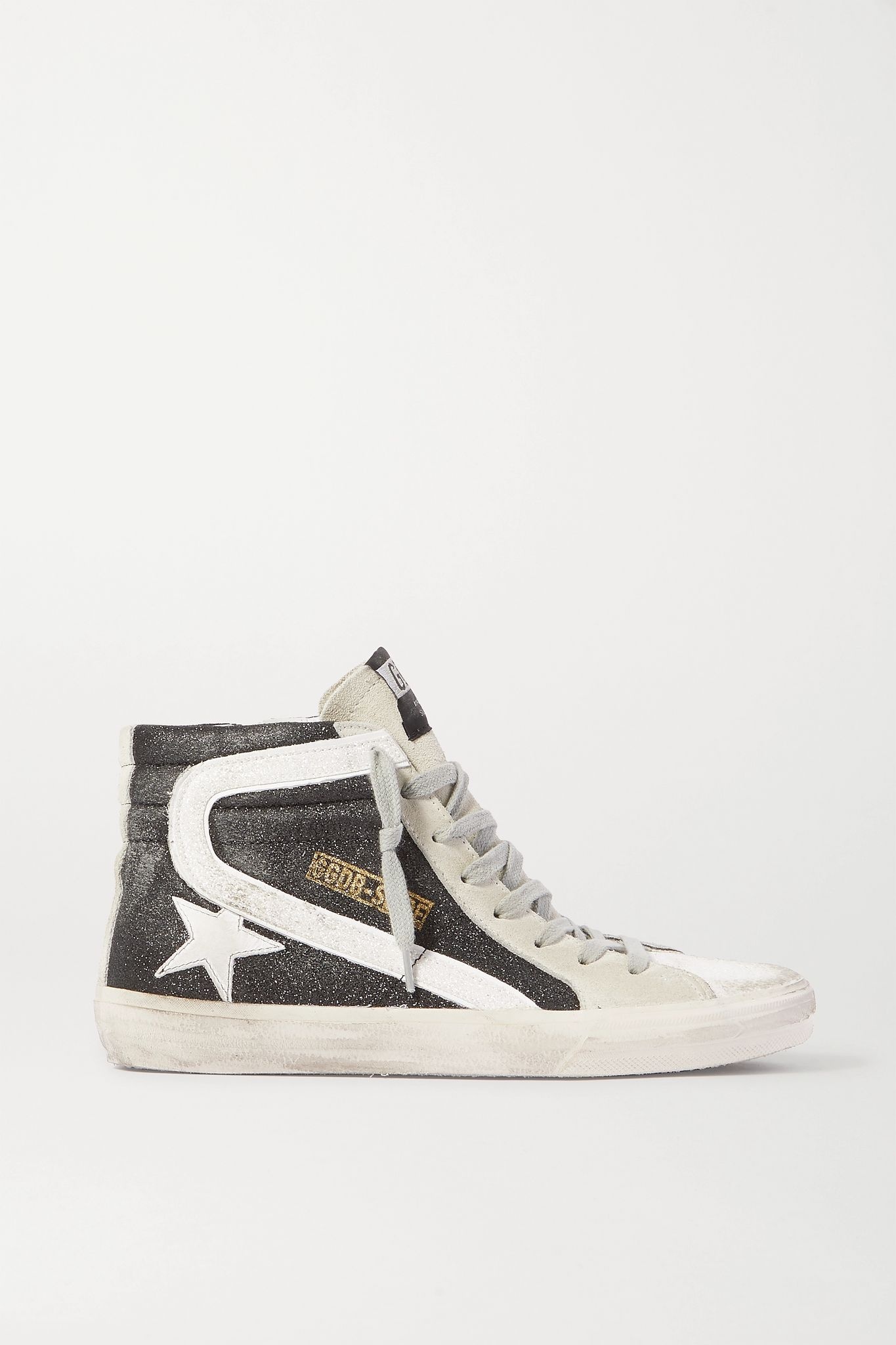 Slide glittered distressed suede high-top sneakers - 1