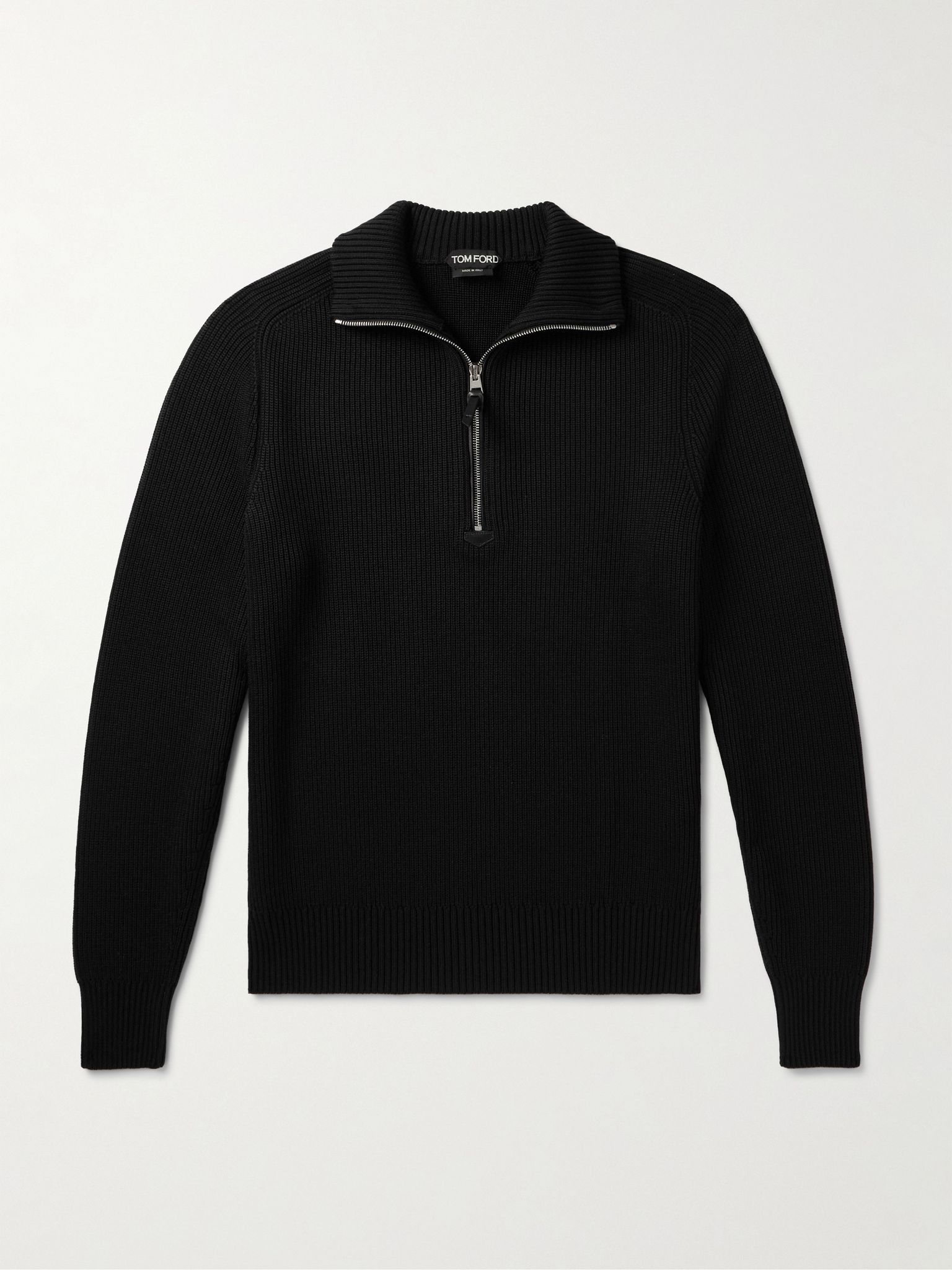 Slim-Fit Ribbed Silk and Merino Wool-Blend Half-Zip Sweater Black - 1