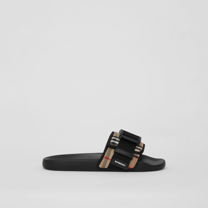 Buckled Strap Vintage Check Cotton Slides 1