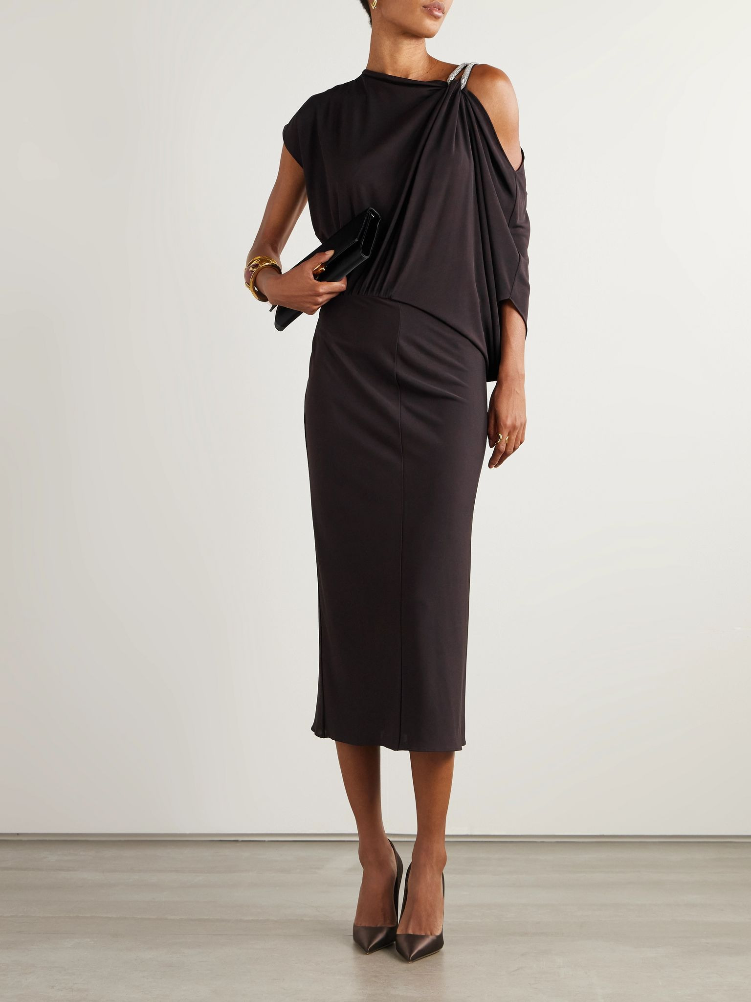 Asymmetric draped embellished jersey midi dress Dark brown - 2