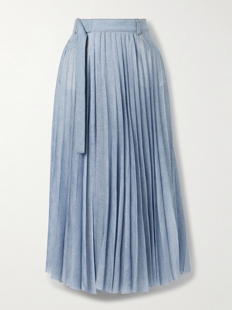 Wrap-effect Denim-paneled Pleated Printed Crepe De Chine Midi Skirt 1