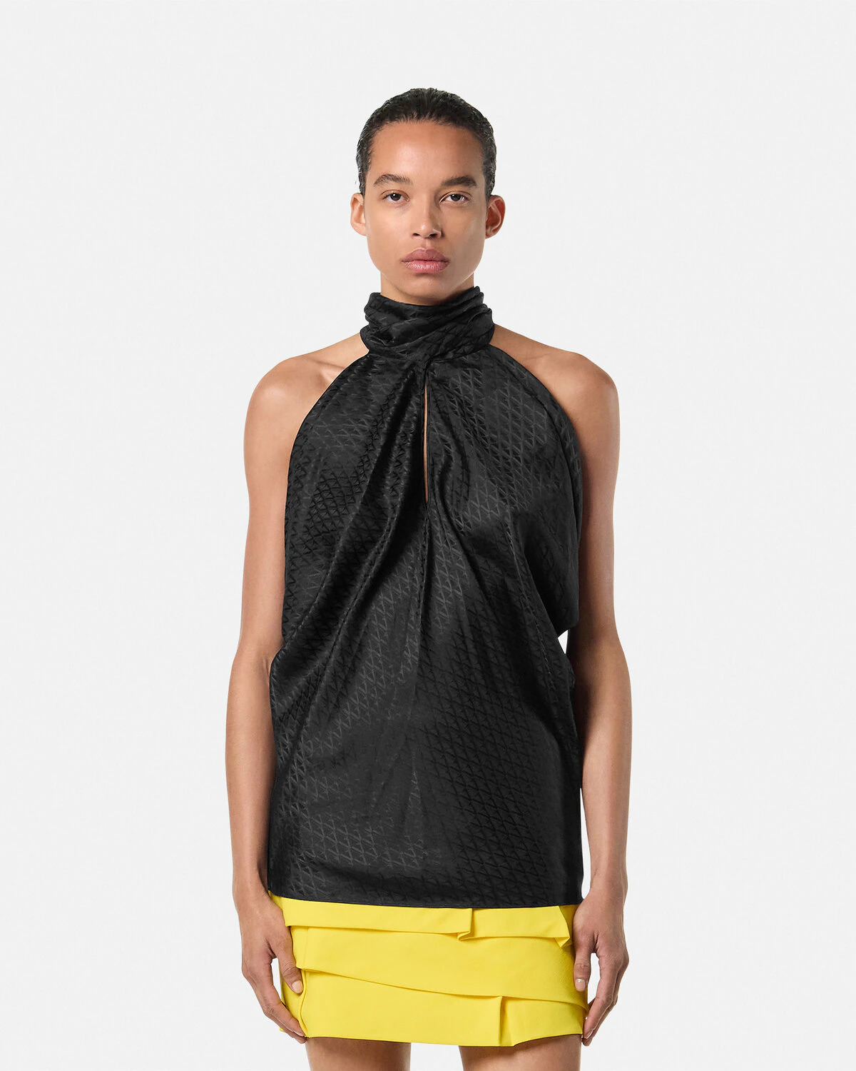 V Allover Jacquard Silk Lavallière Top - 4