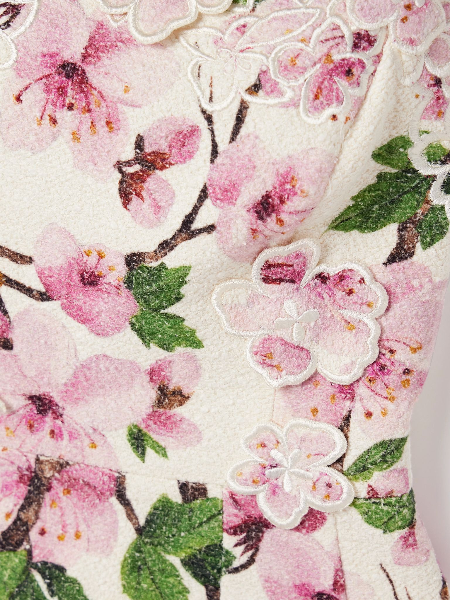 Appliquéd floral-print cotton-blend bouclé mini dress White - 4