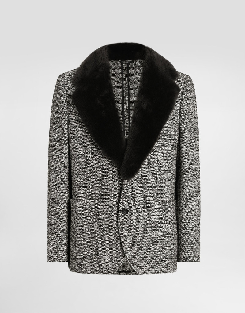Single-breasted dotted wool jacket with fur collar 1