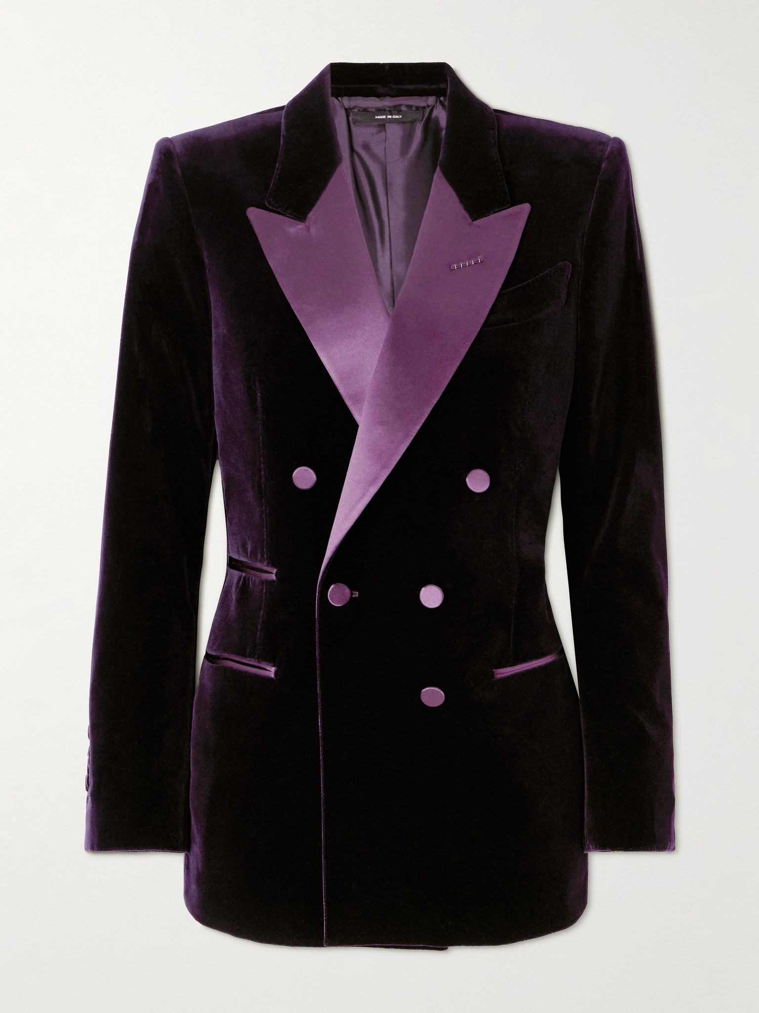 Double-breasted cotton-blend velvet blazer Dark purple - 1