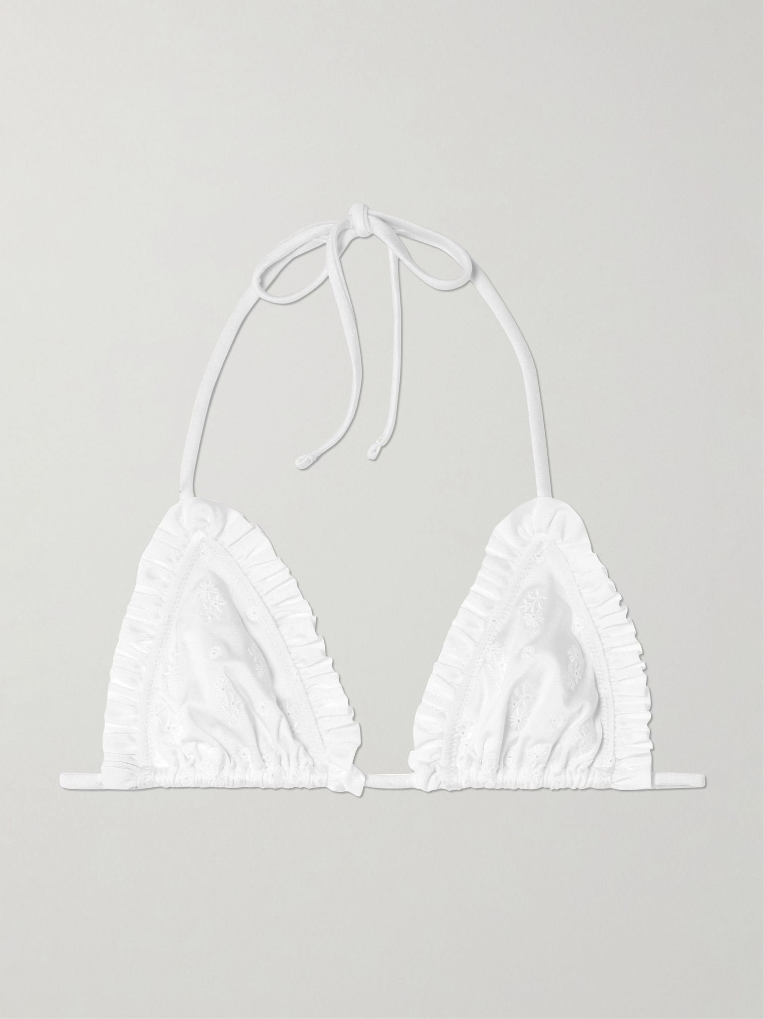 Ruffled broderie anglaise triangle bikini top White - 1