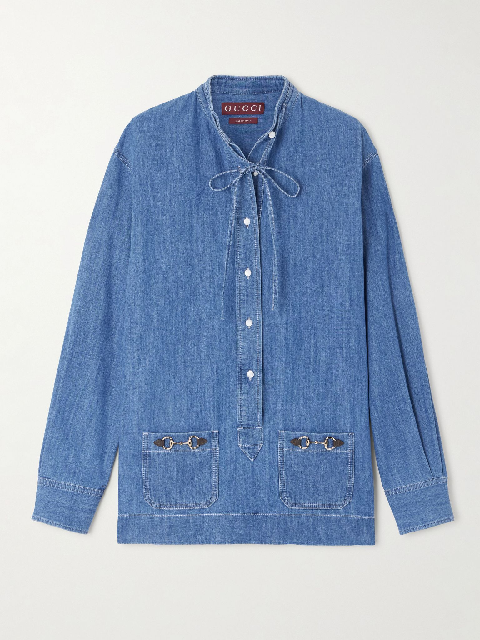 Tie-neck horsebit-embellished denim shirt Blue - 1