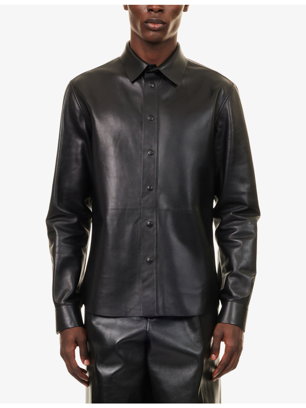 Curved-Hem Long-Sleeves Leather Shirt - 3