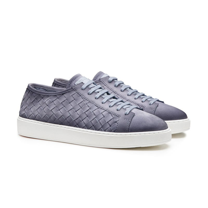 Santoni Men's light blue woven suede sneaker outlook
