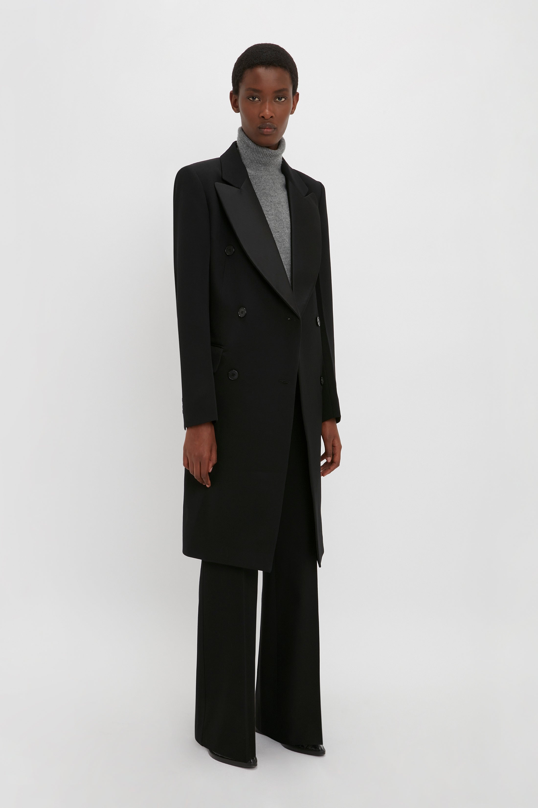 Double Breasted Tuxedo Coat in Black - 3