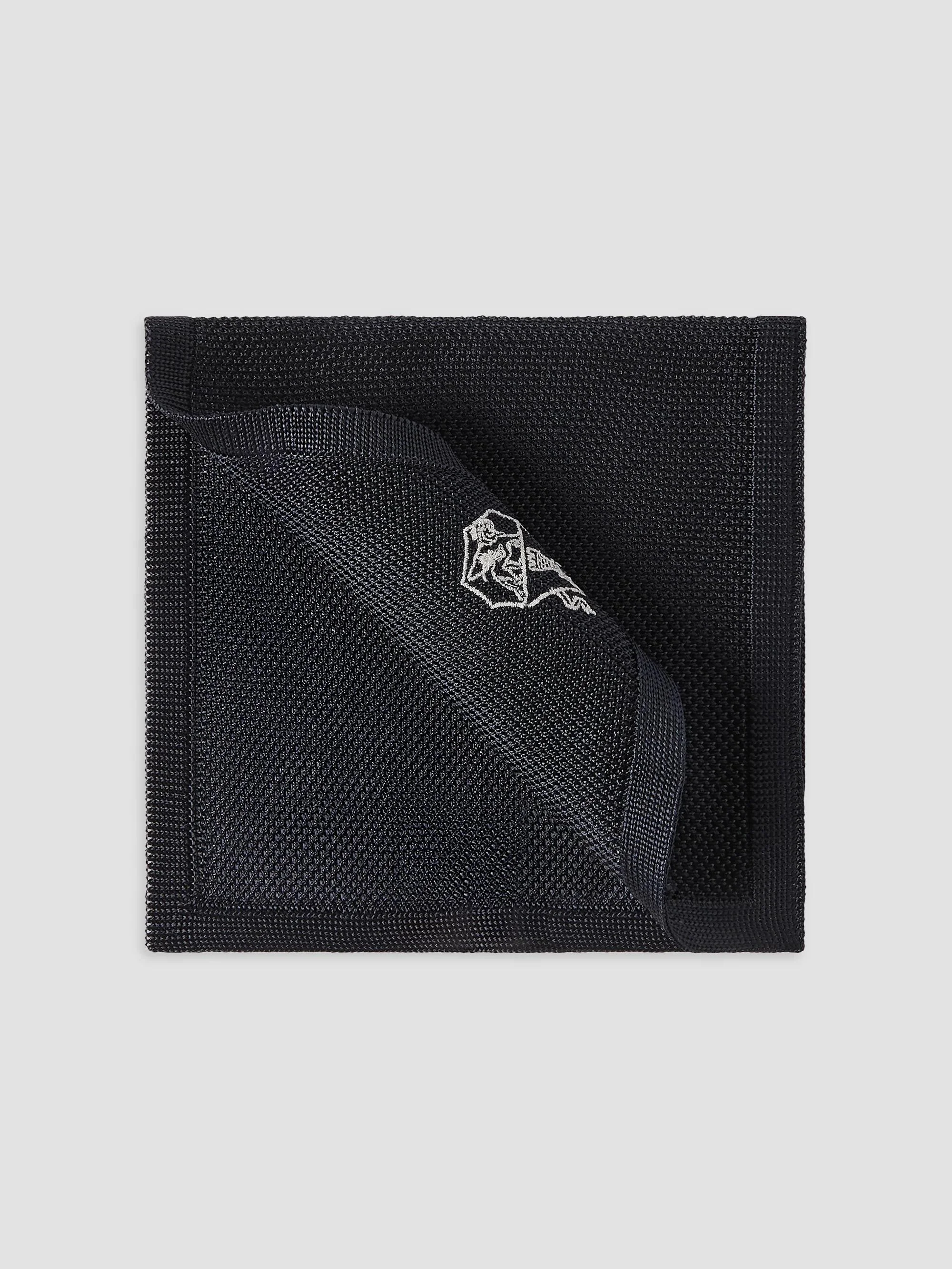 Men's Silk Knit Pocket Square with Embroidered Logo - Navy Blue - 1