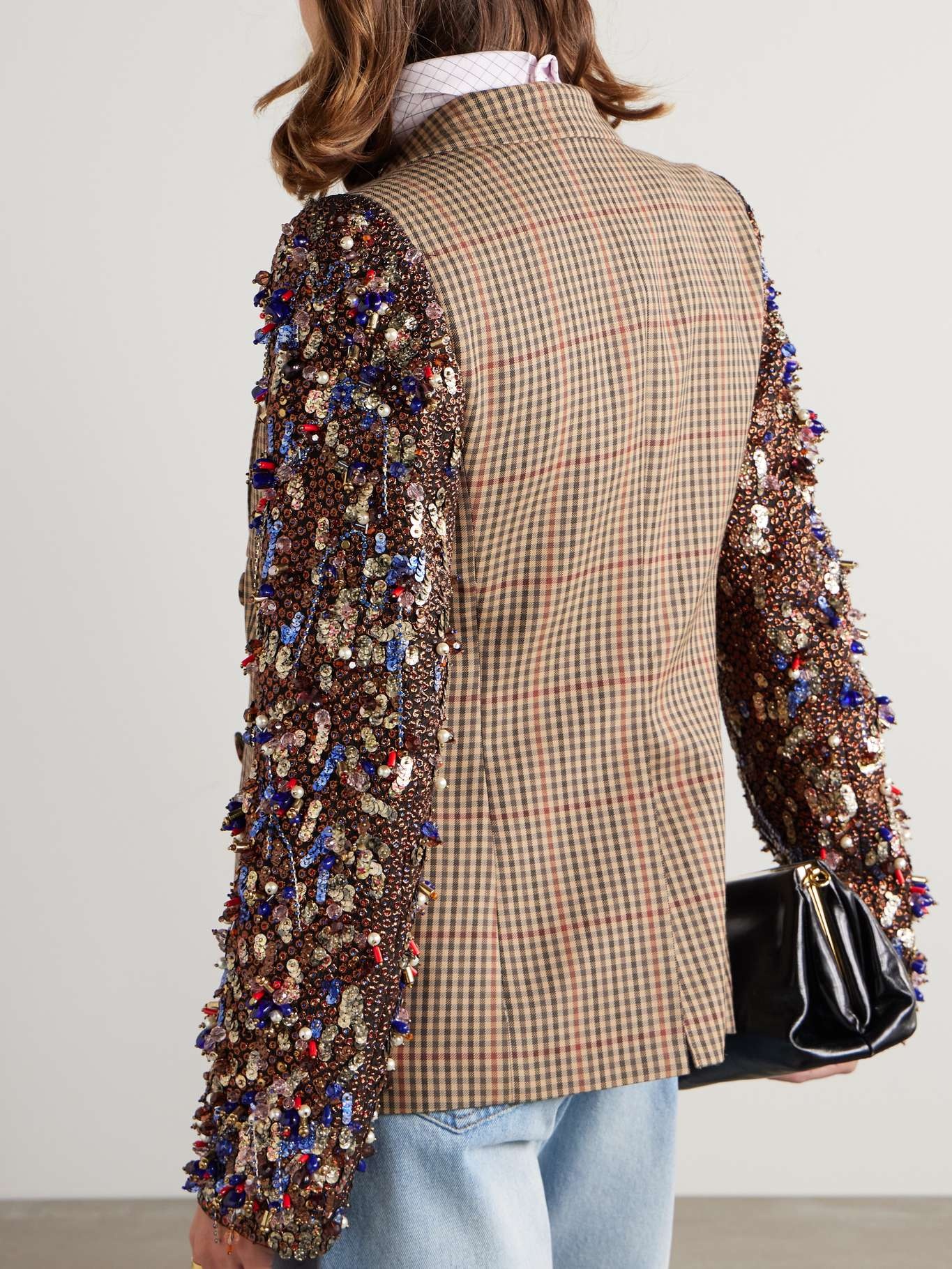 Embellished metallic jacquard-crepon and checked wool double-breasted jacket - 4