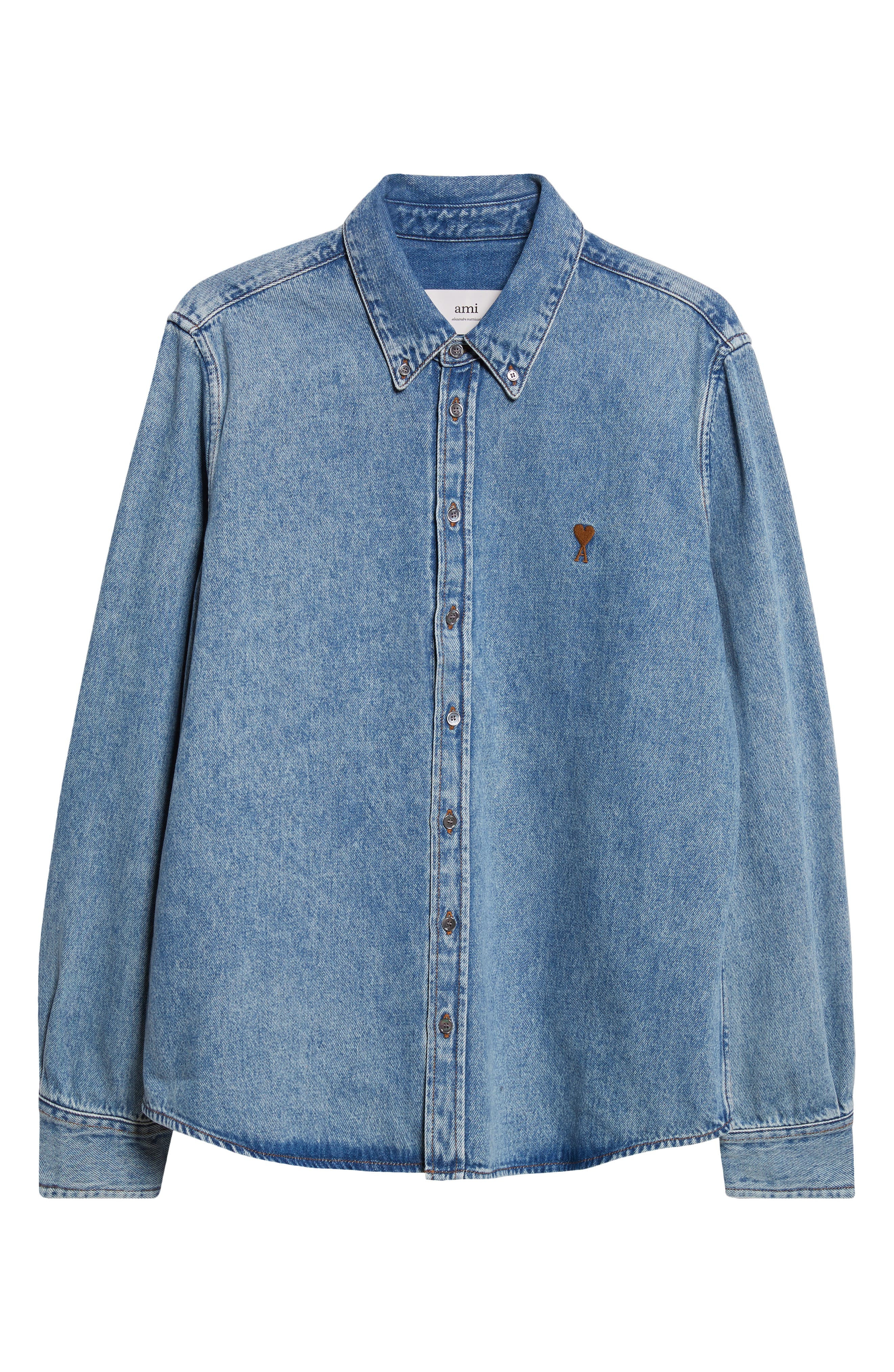 AMI PARIS Ami De Coeur Embroidered Cotton Denim Button-Down Shirt in Bleu Used at Nordstrom - 5