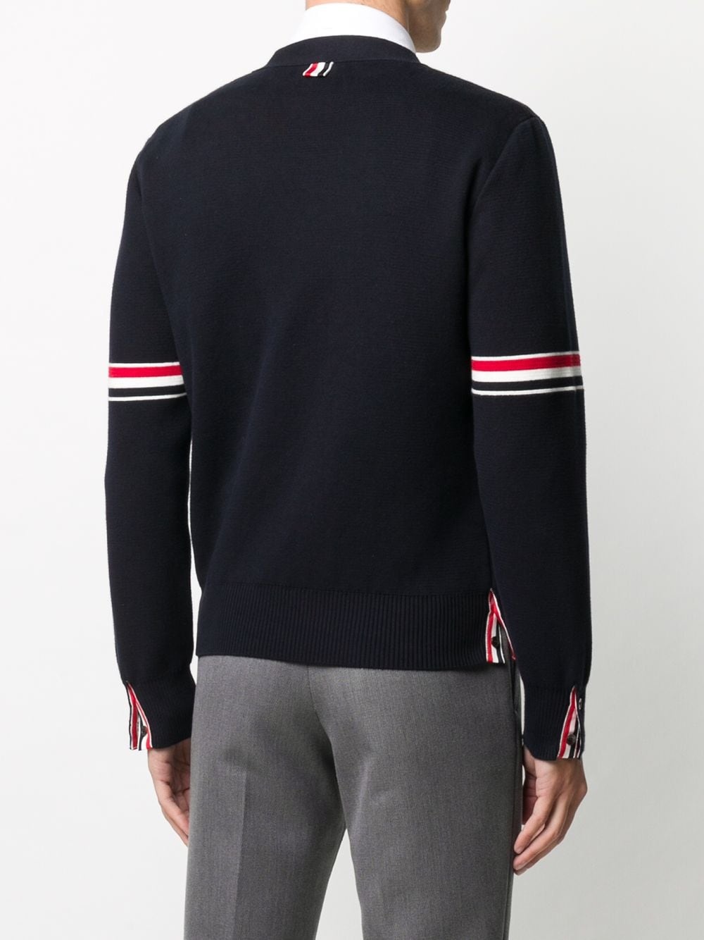 THOM BROWNE - Men Milano Stitch RWB Stripes Cotton V-Neck Cardigan - 3