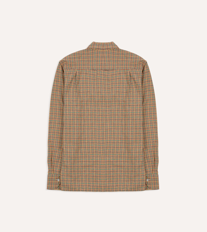 Brown and Green Check Brushed Cotton Twill Camp Collar Long Sleeve Shirt 6