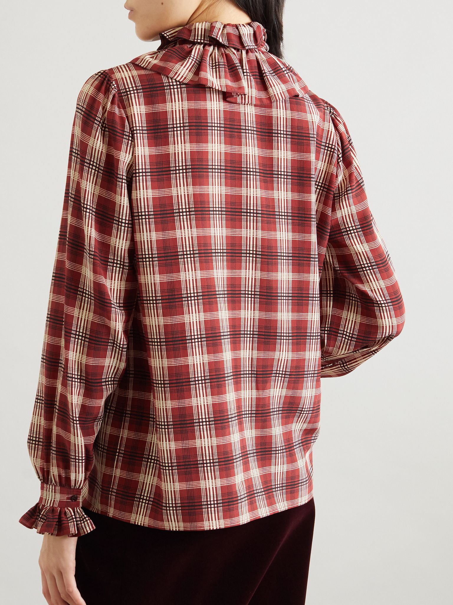 Pussy-bow ruched checked silk blouse Red - 4