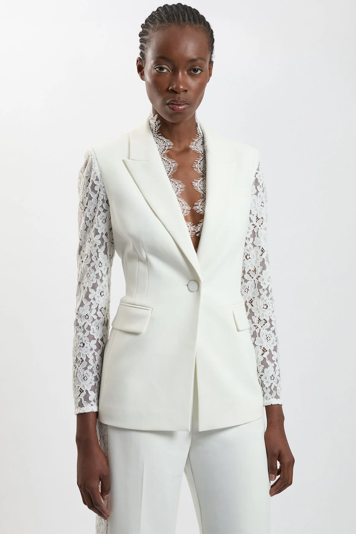 Compact Stretch Lace Mix Tailored Single Breasted Blazer - 1