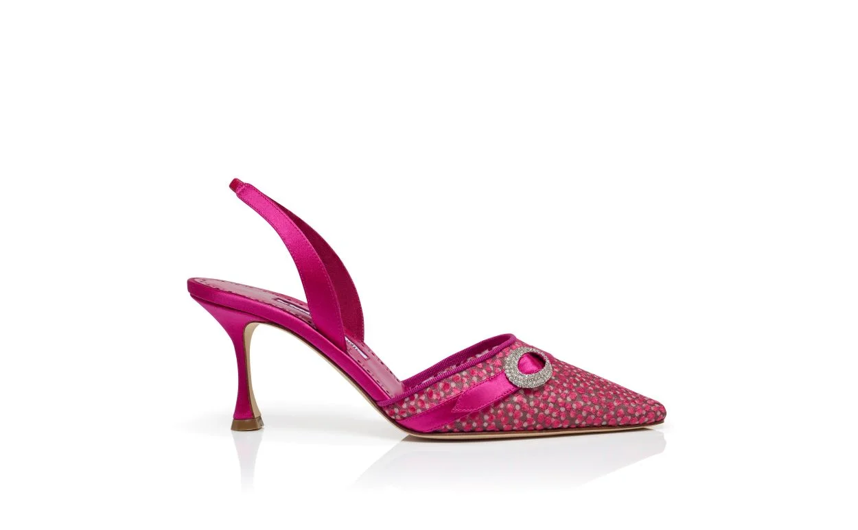 Pink Flocked Tulle Slingback Pumps - 1