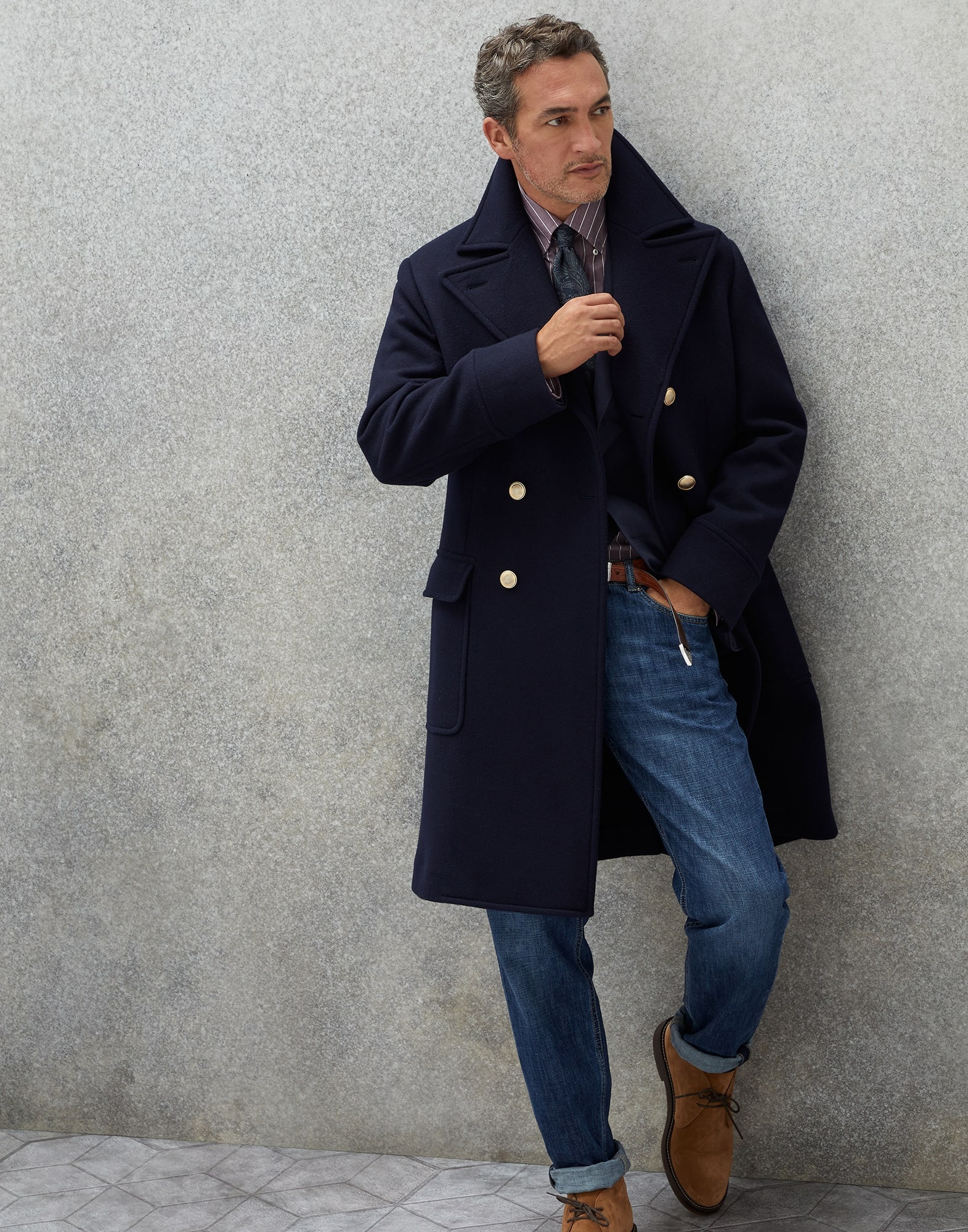 Virgin wool and cashmere double cloth one-and-a-half breasted coat with metal buttons - 4