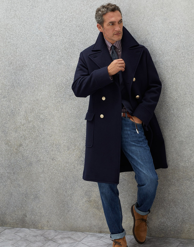 Virgin wool and cashmere double cloth one-and-a-half breasted coat with metal buttons 4