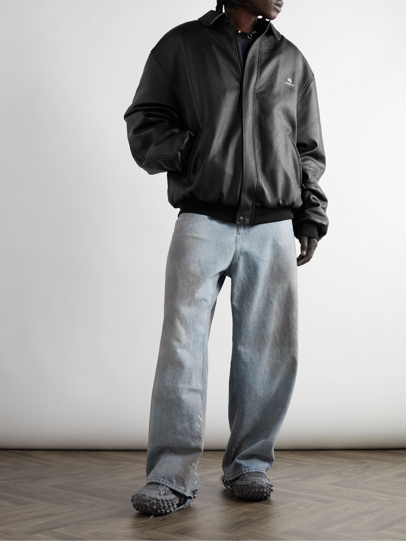 Logo-Embroidered Leather Blouson Jacket Black - 2