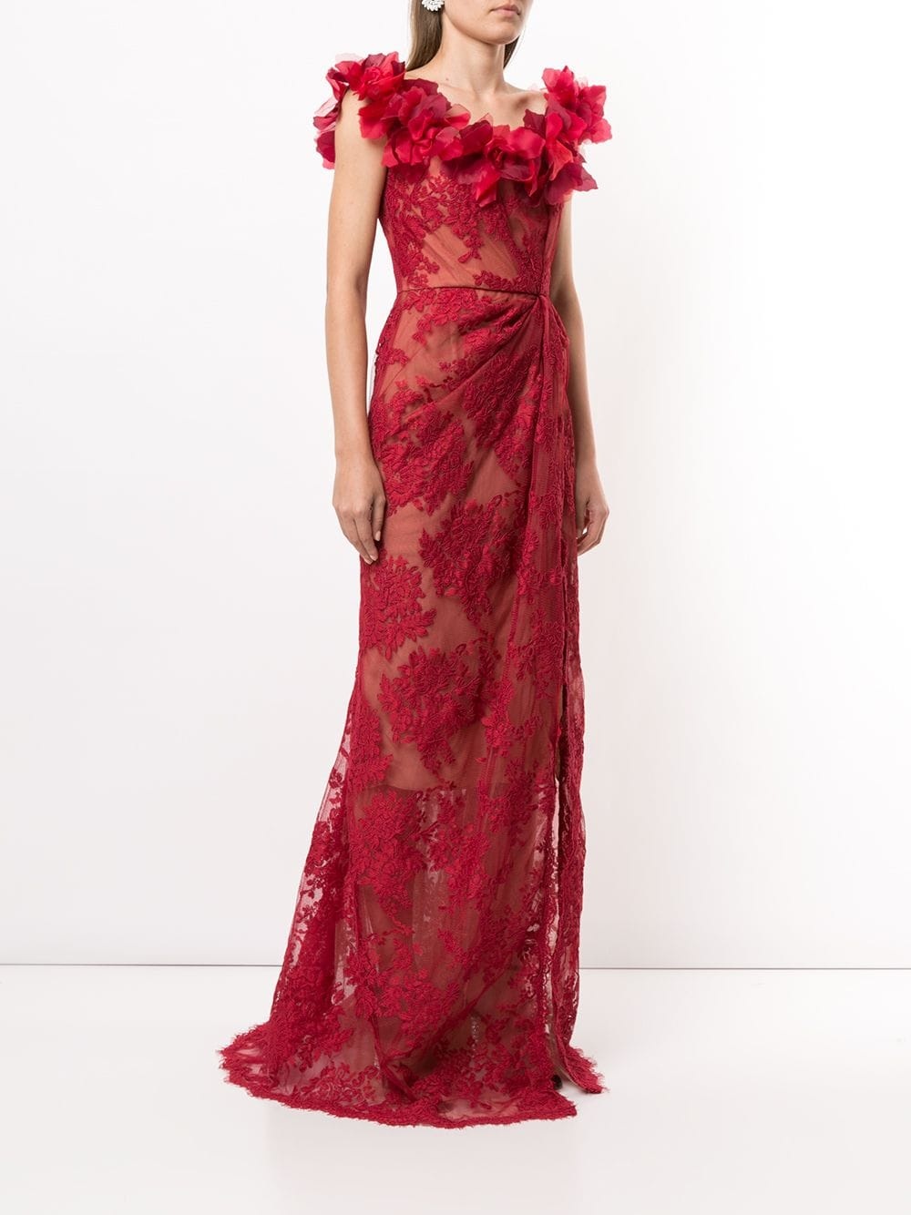 floral appliqué trim lace gown  - 3