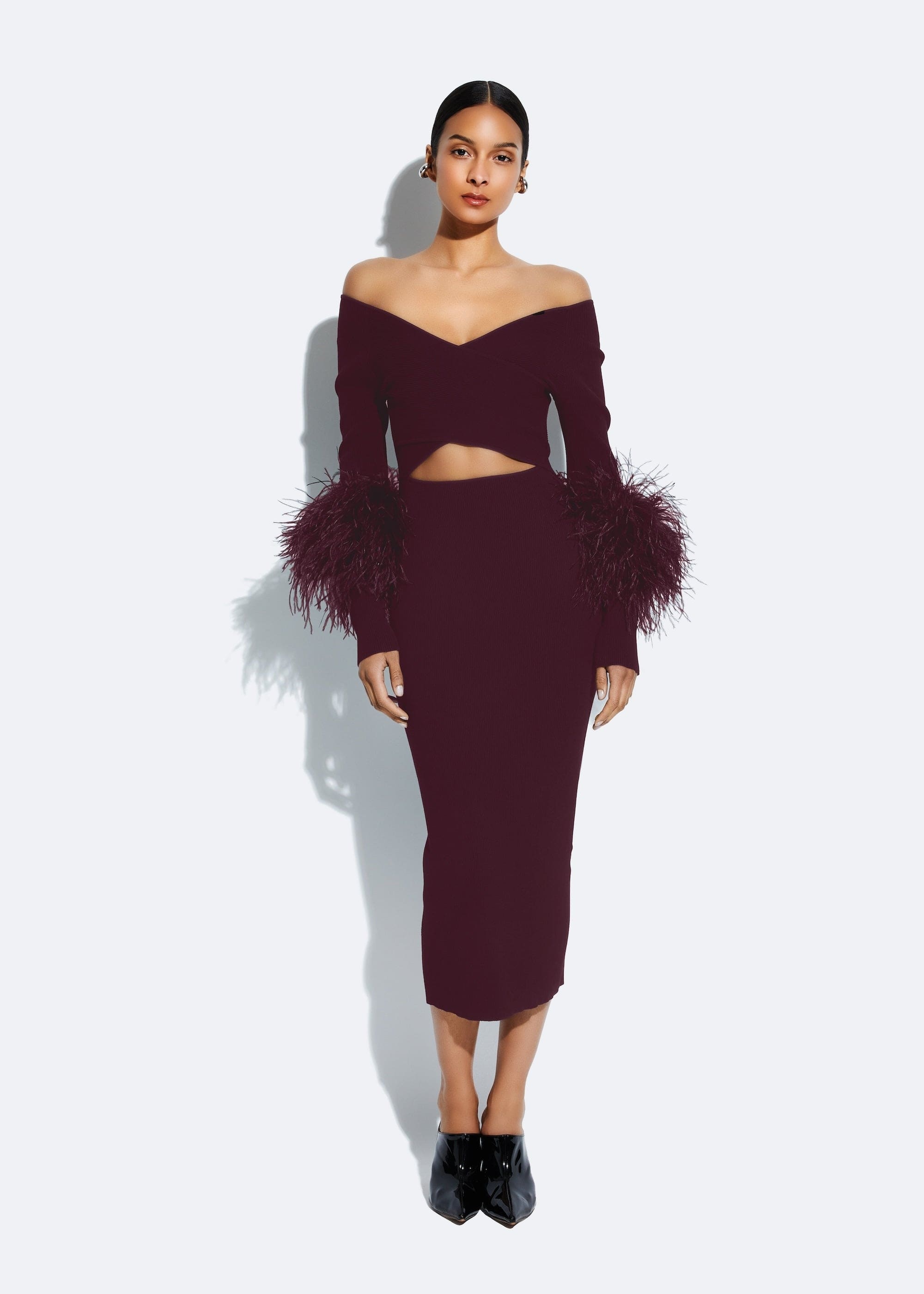 Matte Viscose Cross Front Dress With Feathers - 2