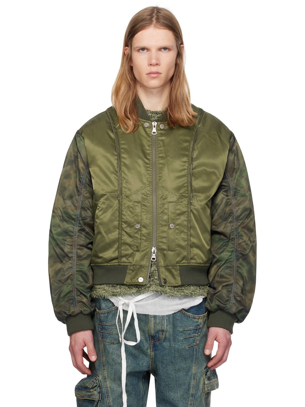 Khaki Mesh Sleeve Bomber Jacket - 1