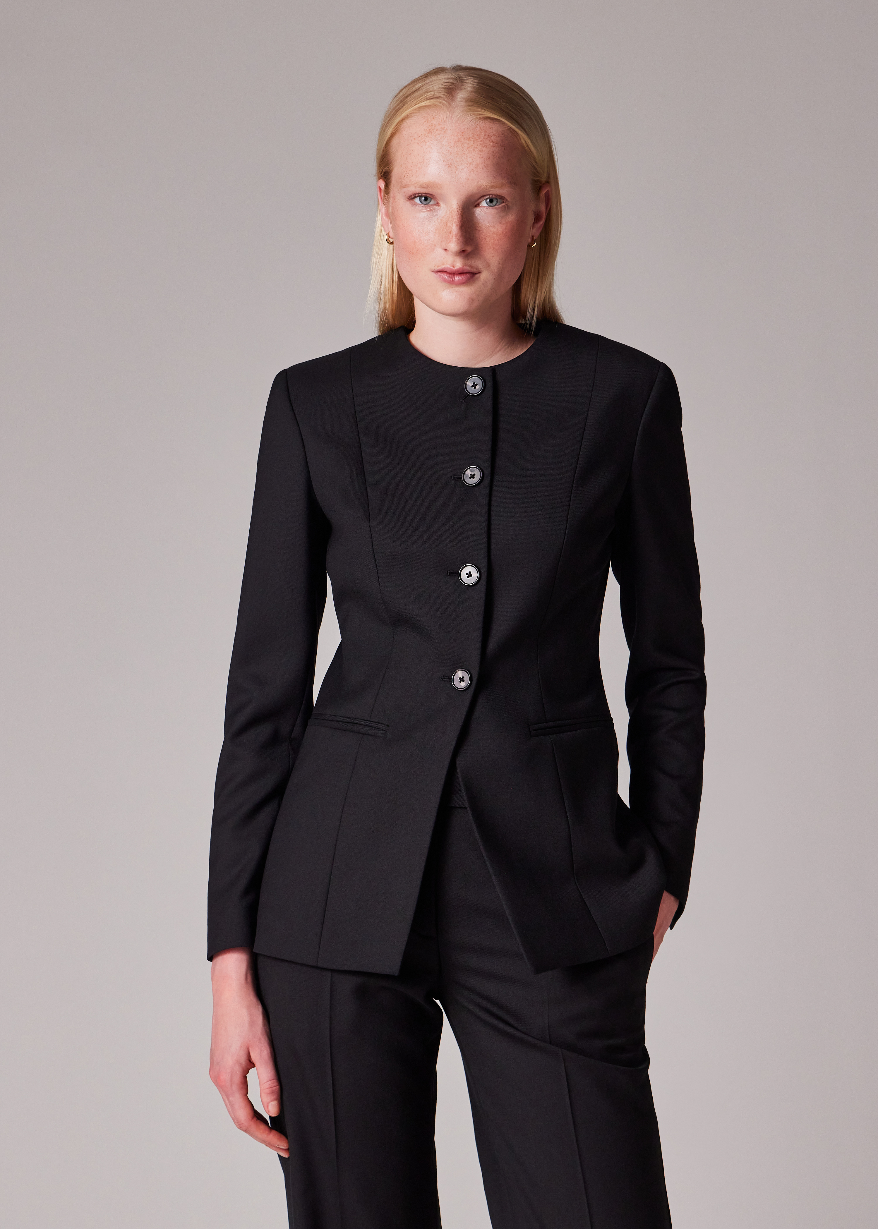Women's A Suit To Travel In - Black Collarless Jacket Suit - 3