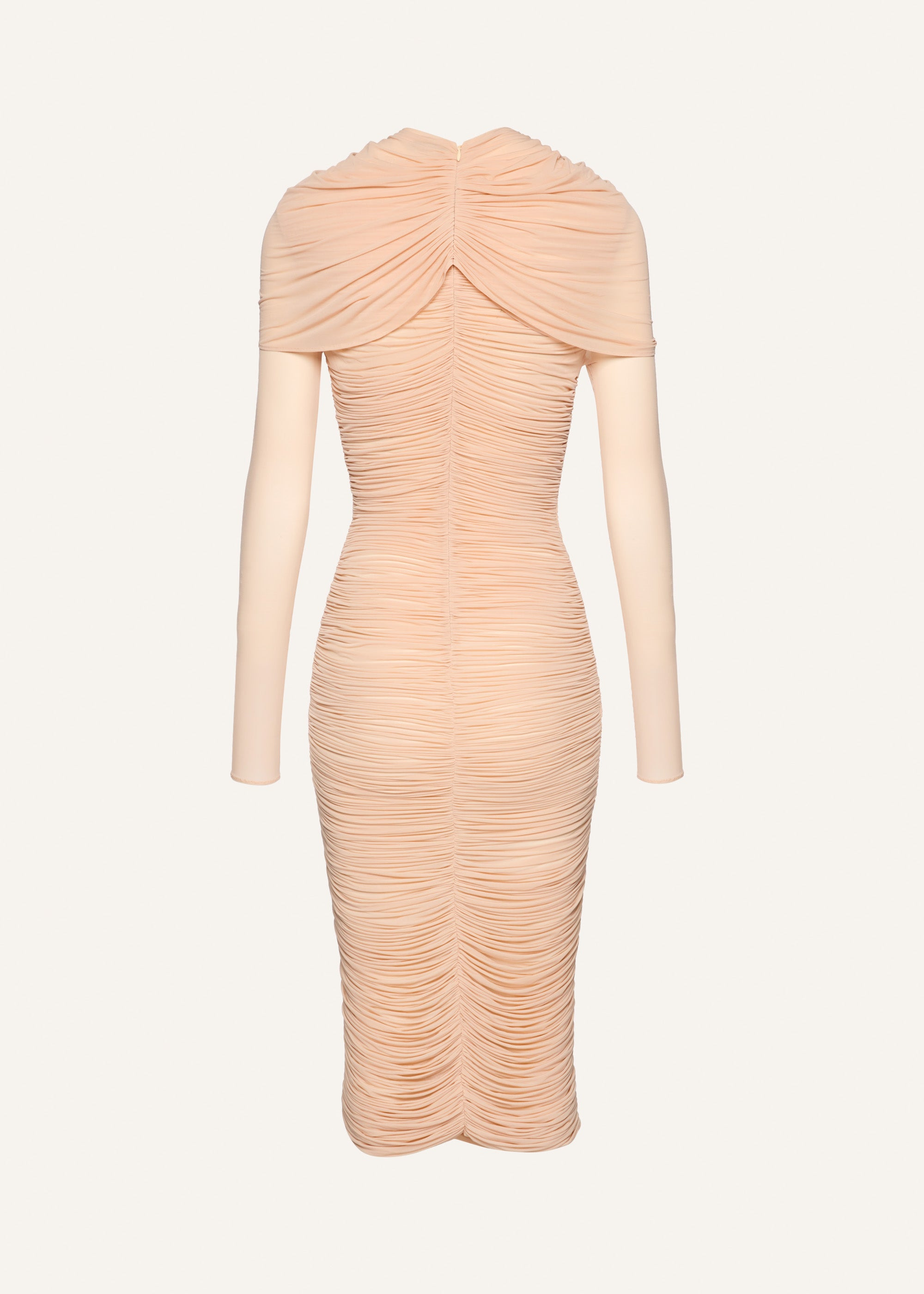 Draped high neck midi dress in beige - 2