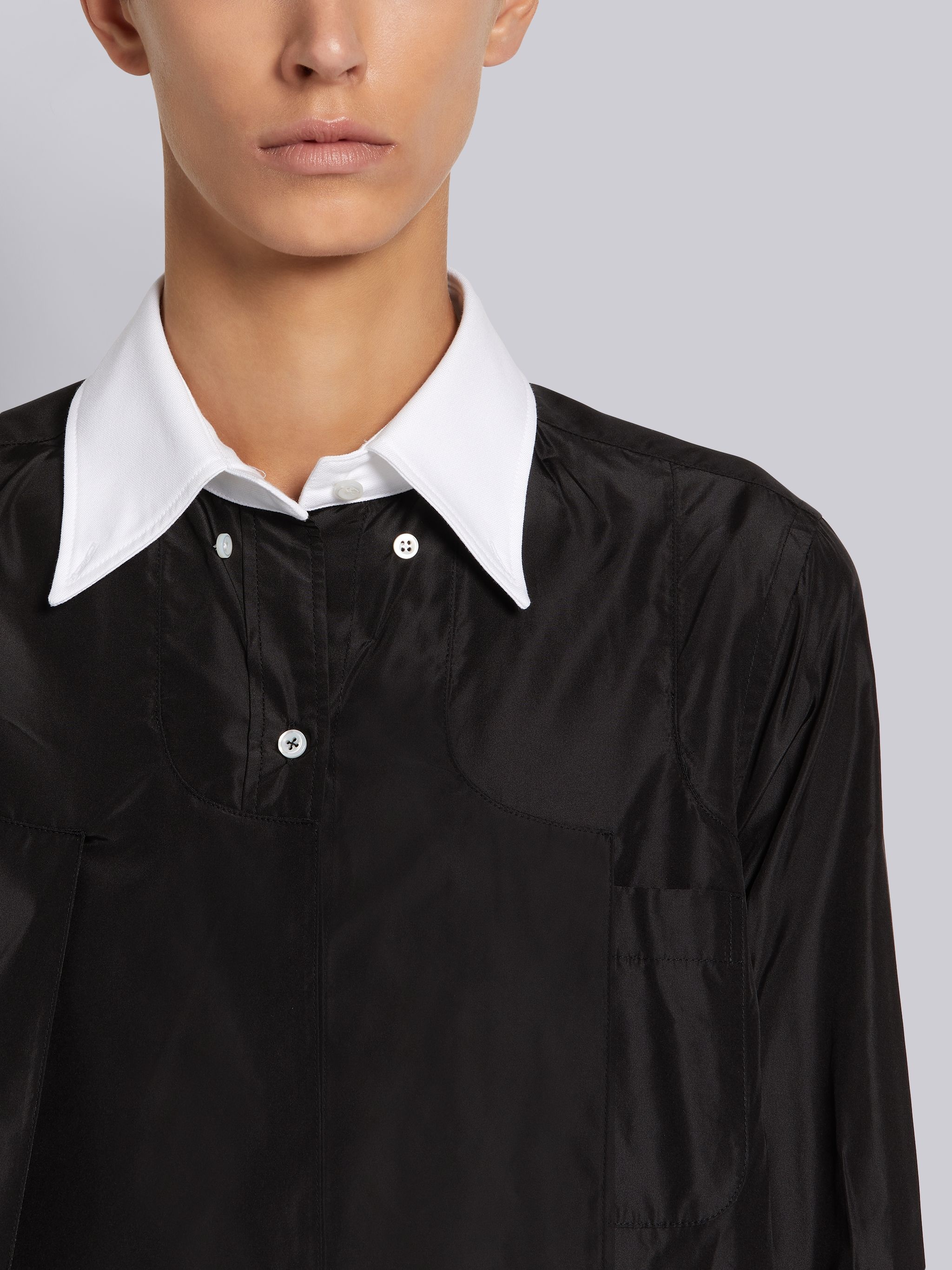 Black Silk Taffeta Long Sleeve French Cuff Inverted Pleat Ankle Length Shirtdress - 4