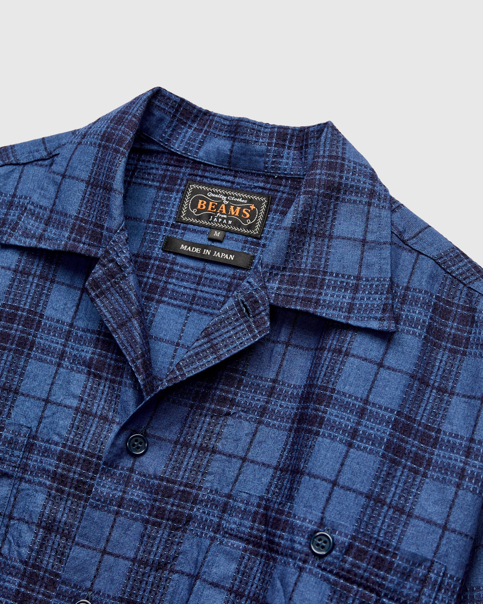 MIL Dobby Plaid Open Collar Shirt in Indigo - 4