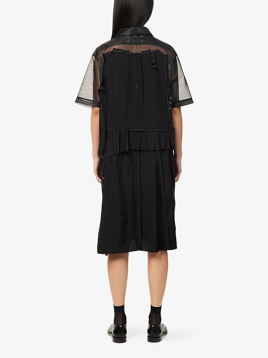 Mesh-Panels Short-Sleeves Woven Midi Dress - 4