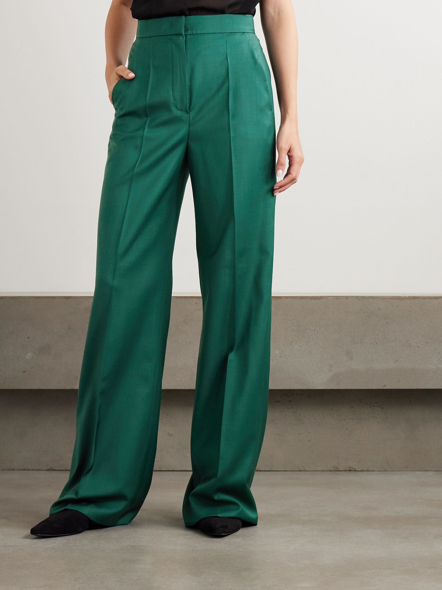 Fernet embroidered wool-canvas wide-leg pants Dark green - 3