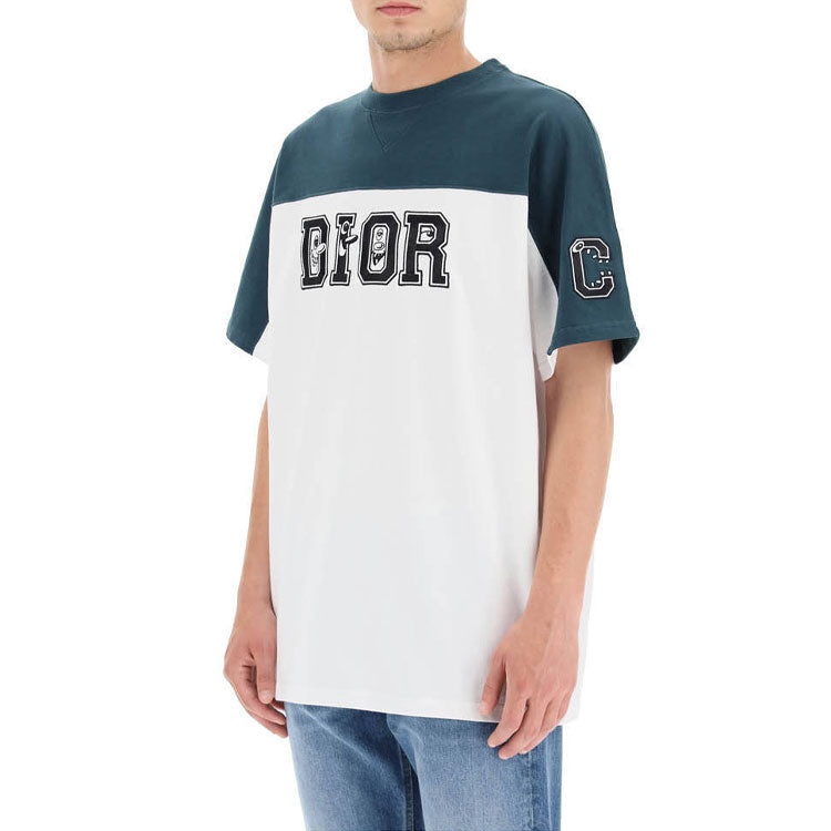 Men's DIOR Logo Printing Colorblock Round Neck Short Sleeve Green T-Shirt 193J646A0554-680 - 4