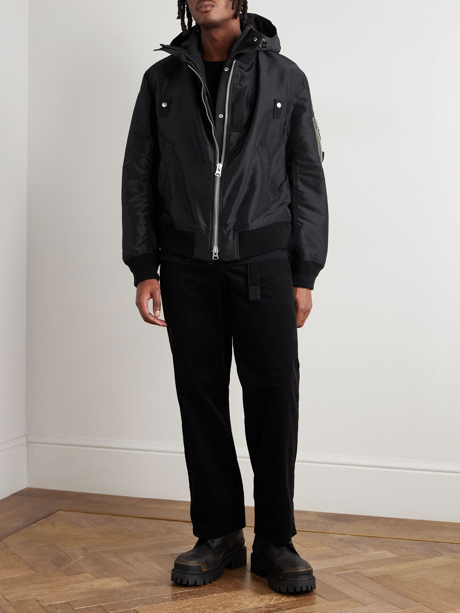 Grosgrain-Trimmed Shell Hooded Bomber Jacket Black - 2