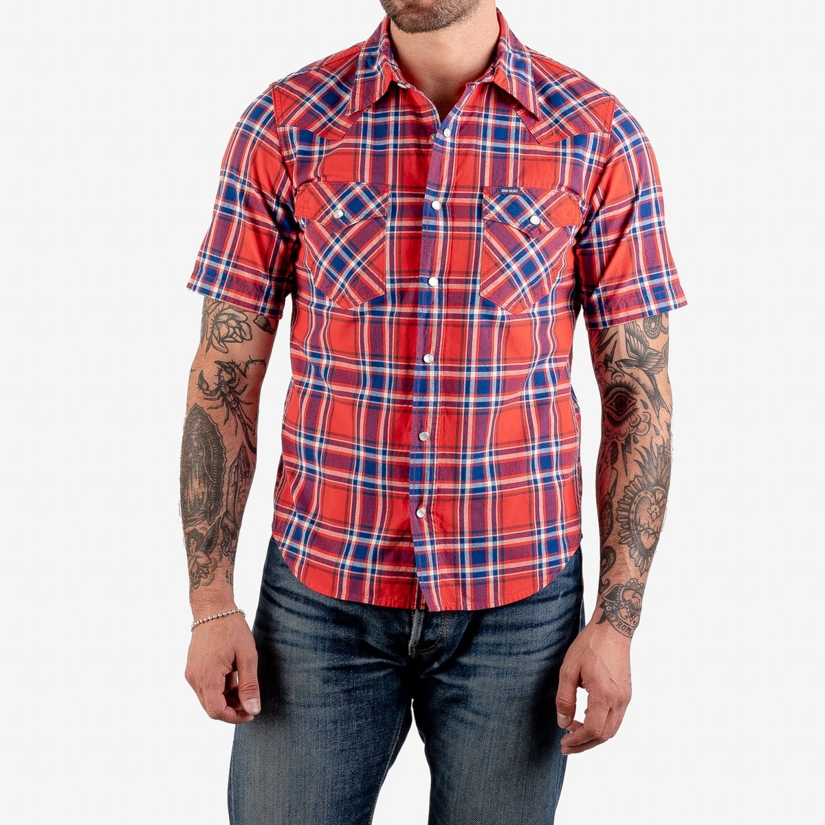 IHSH-359-RED 5oz Selvedge Madras Check Short Sleeved Western Shirt - Red - 2