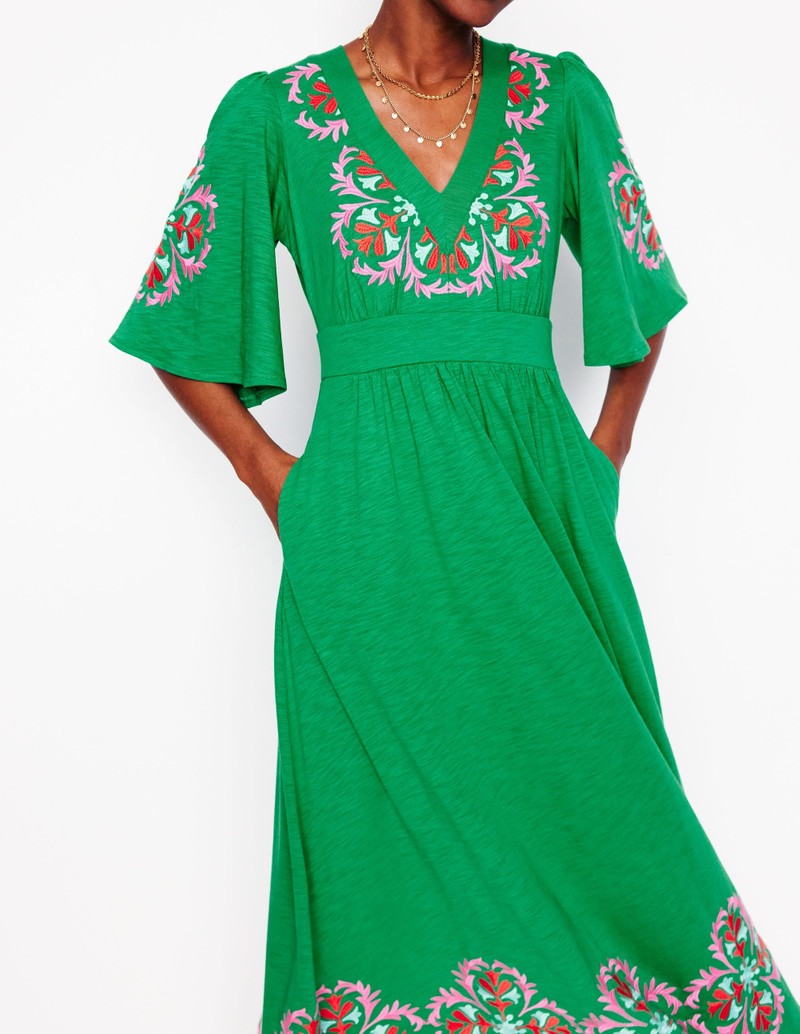 Maya Embroidered Kimono Dress-Rich Emerald, Embroidered 3