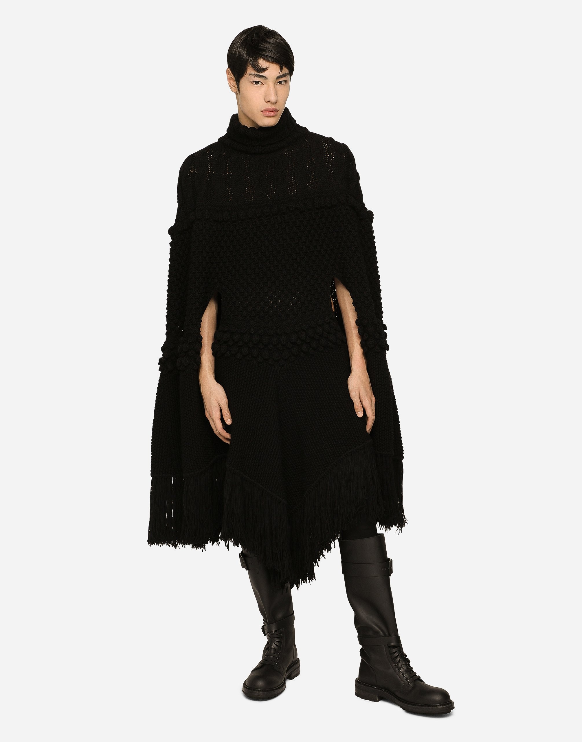 High-necked wool patchwork knit cape - 2