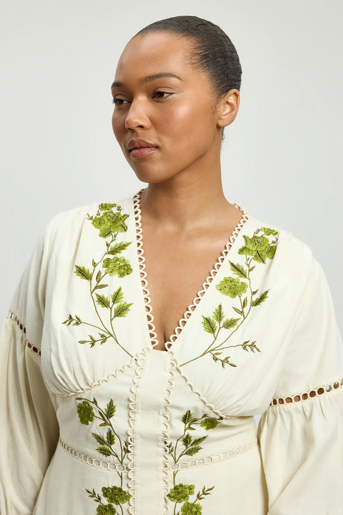 Plus Size Rose Embroidered Cotton Twill Woven Long Sleeve Maxi Dress - 1