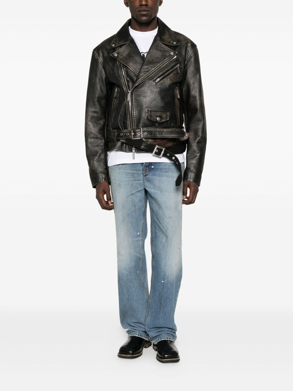 belted leather biker jacket - 2