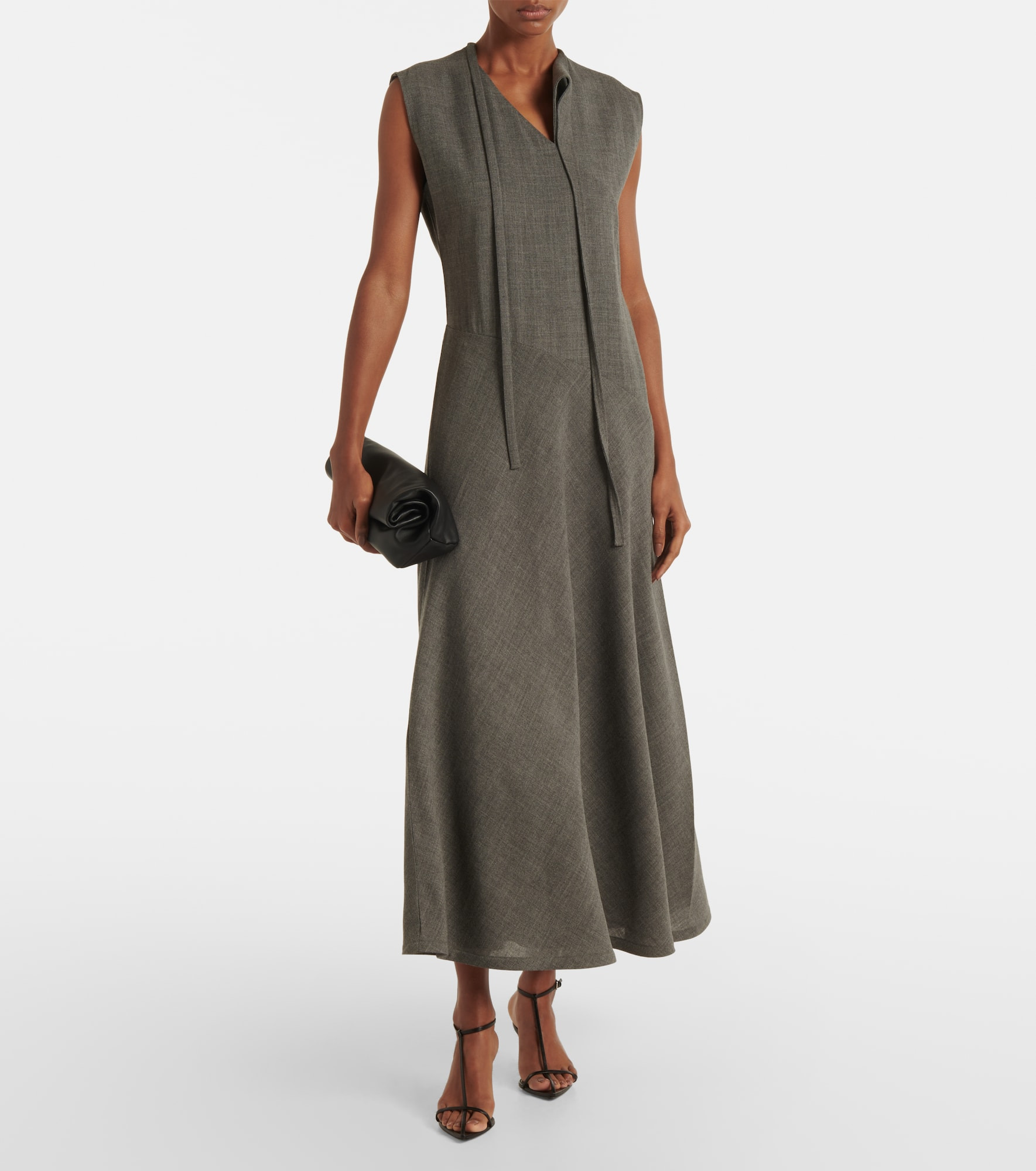 Tie-neck virgin wool canvas midi dress - 2
