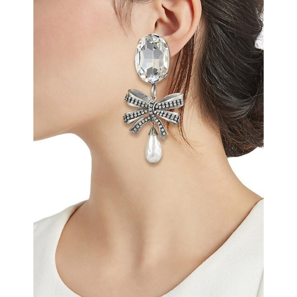 Crystal Bow Pearl Drop Earring - 2