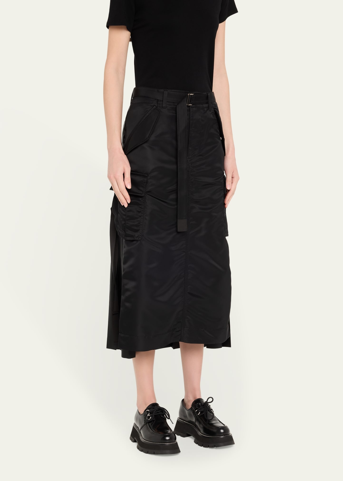 Nylon-Twill Pleated Back Midi Skirt - 4