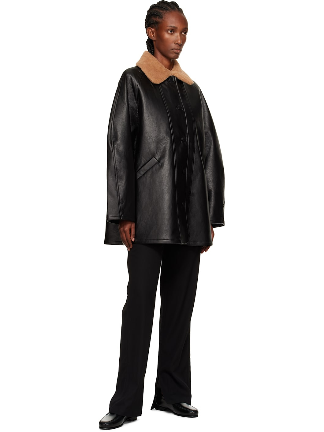 Black Aviator Midi Faux-Leather Coat - 4