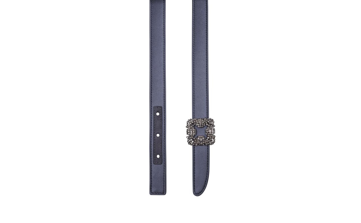 Blue-Grey Satin Crystal Buckled Belt - 3